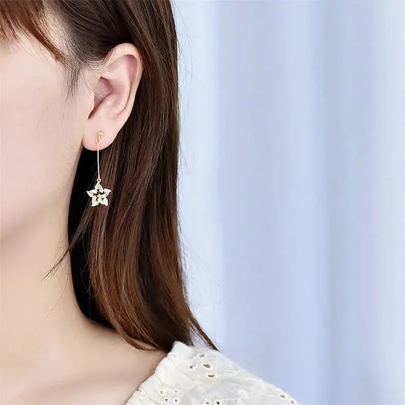 Lovcia Asymmetry Shining CZ Star 925 Sterling Silver Dangling Earrings-Earrings-14K Yellow Gold-14K Yellow Gold
