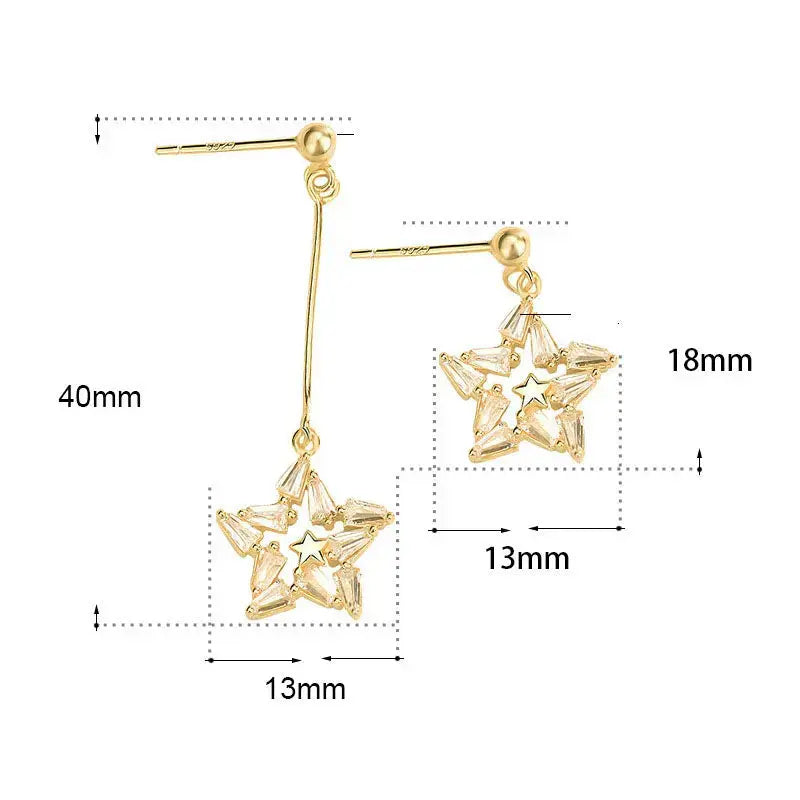Lovcia Asymmetry Shining CZ Star 925 Sterling Silver Dangling Earrings-Earrings-14K Yellow Gold-14K Yellow Gold