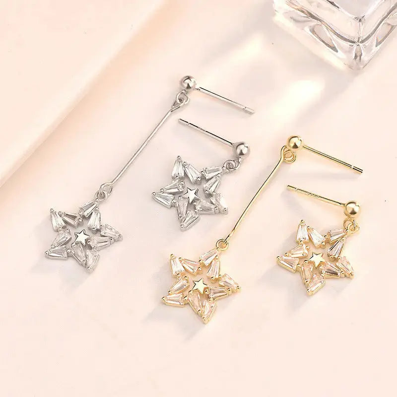 Lovcia Asymmetry Shining CZ Star 925 Sterling Silver Dangling Earrings-Earrings-14K Yellow Gold-14K Yellow Gold