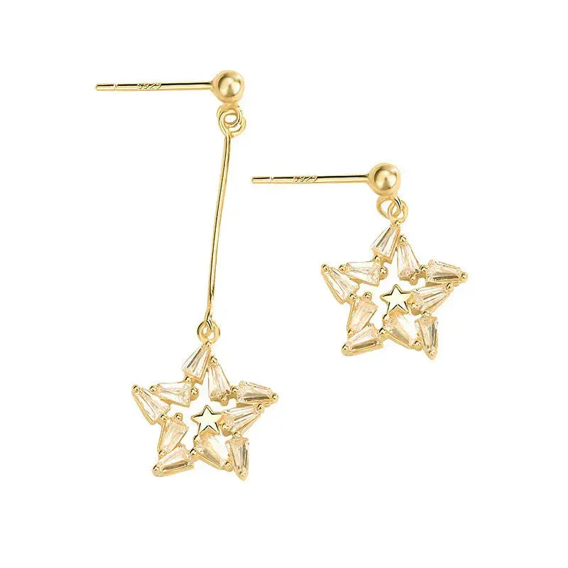 Lovcia Asymmetry Shining CZ Star 925 Sterling Silver Dangling Earrings-Earrings-14K Yellow Gold-14K Yellow Gold