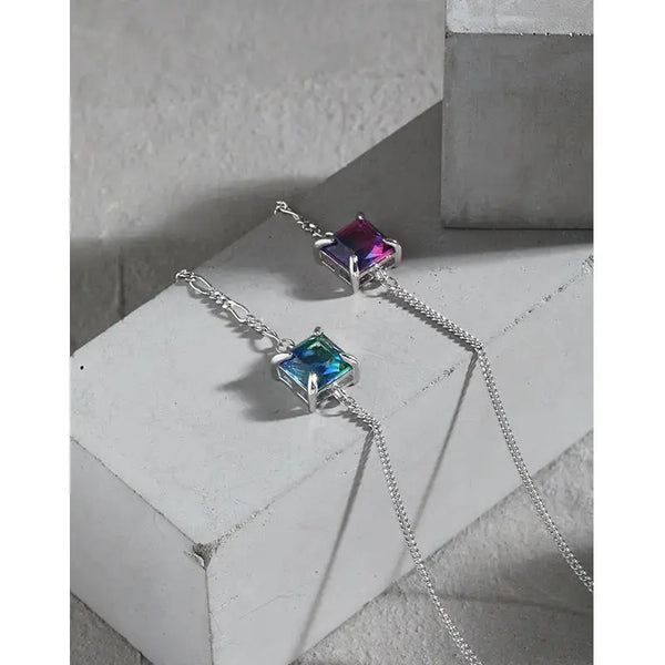 Lovcia Asymmetry Square CZ Figarucci Curb Chain 925 Sterling Silver Bracelet-Bracelets-Green Blue CZ-Green Blue CZ