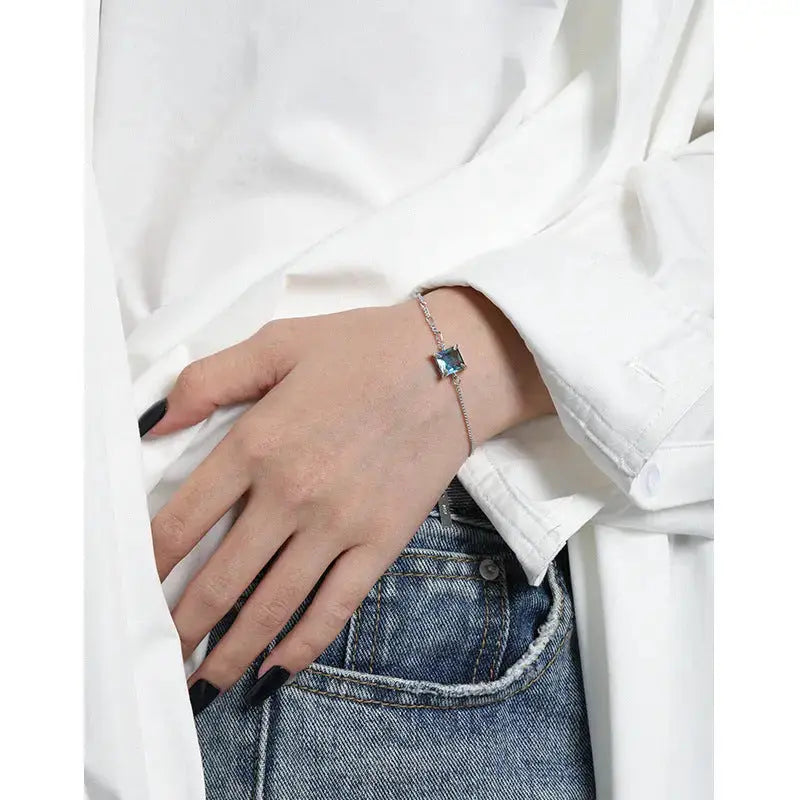 Lovcia Asymmetry Square CZ Figarucci Curb Chain 925 Sterling Silver Bracelet-Bracelets-Green Blue CZ-Green Blue CZ