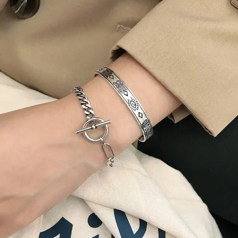 Lovcia Asymmetry Vintage Curb Chain OT 925 Sterling Silver Bracelet-Bracelets-185mm-185mm