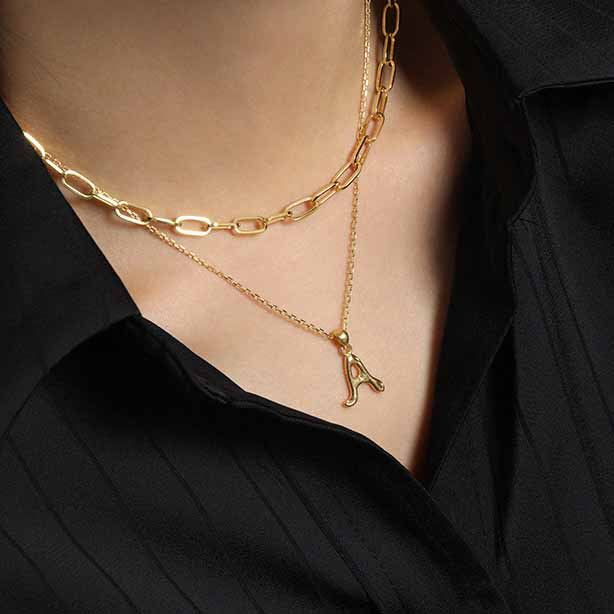 Lovcia AZ Letter Pendant Gold Plated 12mm Chain Necklace-Necklaces-Yellow Gold Necklace-Yellow Gold Necklace