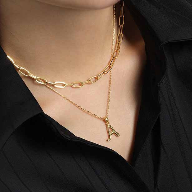 Lovcia AZ Letter Pendant Gold Plated 12mm Chain Necklace-Necklaces-Yellow Gold Necklace-Yellow Gold Necklace