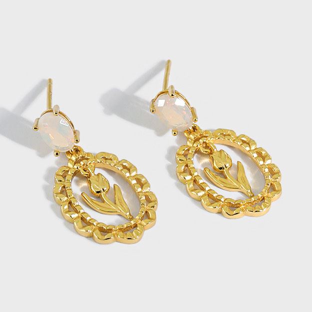 Lovcia Azure CZ Tulip Floral 925 Sterling Silver Drop Earrings for Women-Earrings-Yellow Gold-Yellow Gold