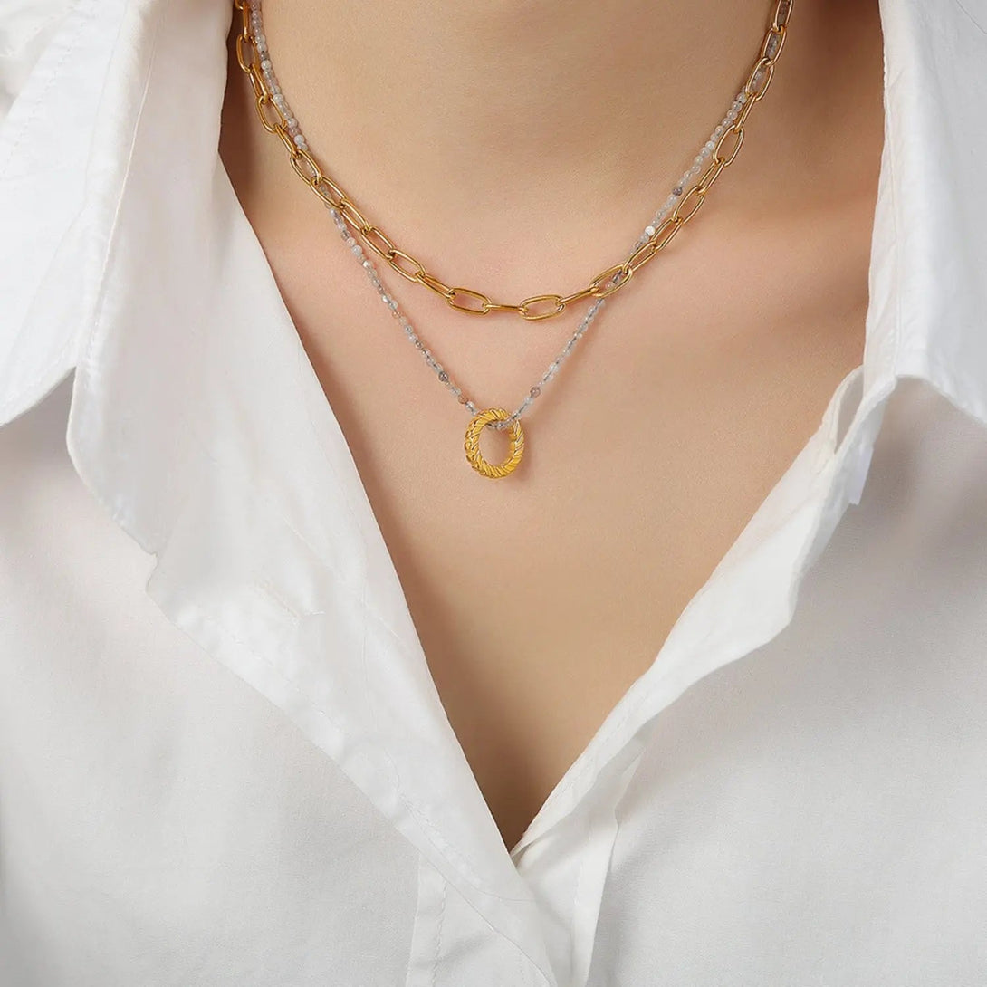 Lovcia Beaded Double-Layered Titanium Steel Necklace-Necklaces-Gold-One Size-Gold