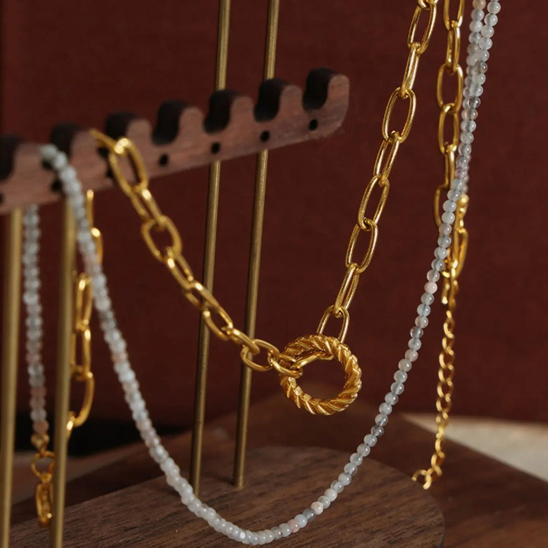 Lovcia Beaded Double-Layered Titanium Steel Necklace-Necklaces-Gold-One Size-Gold