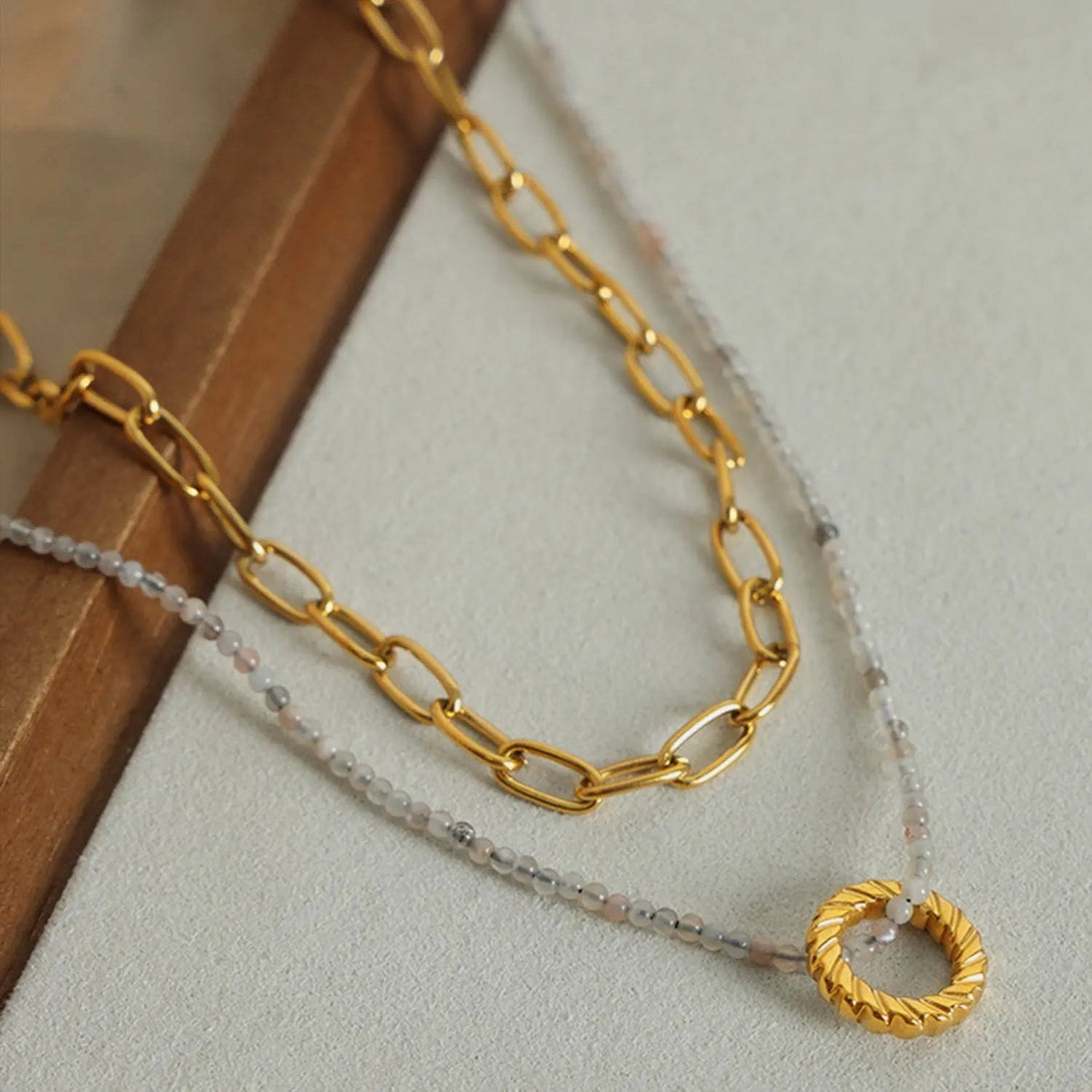 Lovcia Beaded Double-Layered Titanium Steel Necklace-Necklaces-Gold-One Size-Gold