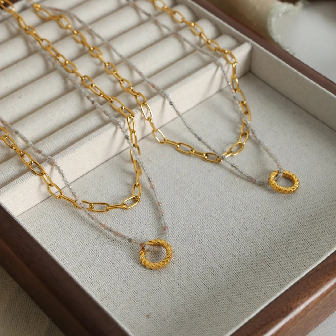 Lovcia Beaded Double-Layered Titanium Steel Necklace-Necklaces-Gold-One Size-Gold