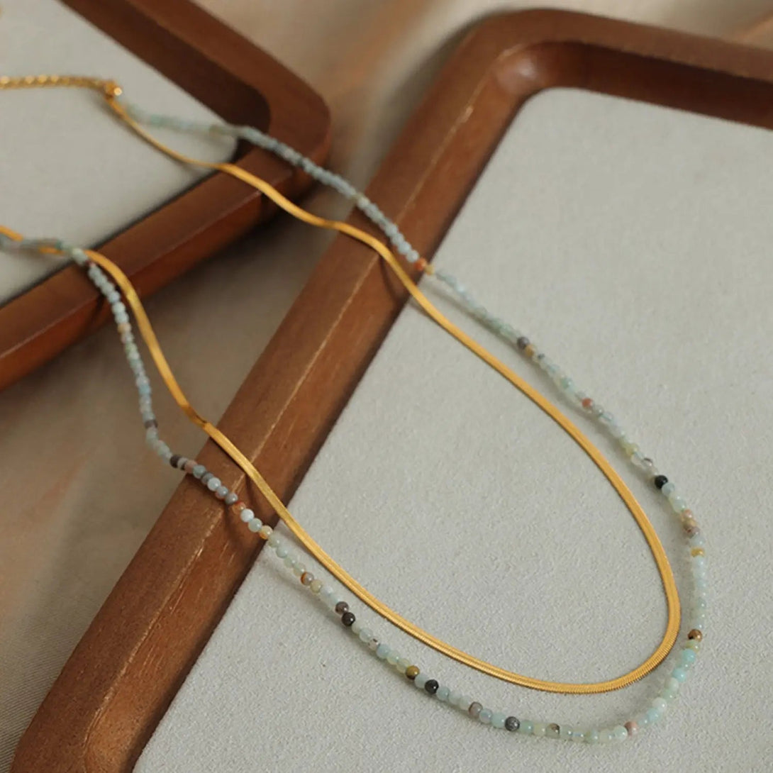 Lovcia Beaded Titanium Steel Double-Layered Necklace-Necklaces-Gold-One Size-Gold