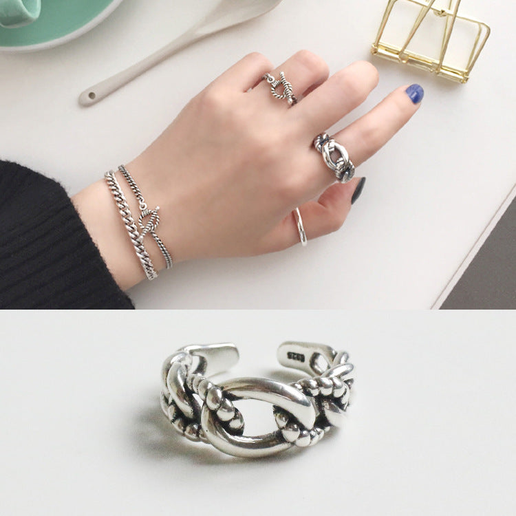Lovcia Beads Border Chain Ring 925 Silver Adjustable-Rings-Vintage-Vintage