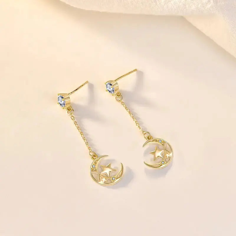 Lovcia Beautiful Hollow CZ Crescent Moon Stars 925 Sterling Silver Dangling Earrings-Earrings-Yellow Gold-Yellow Gold