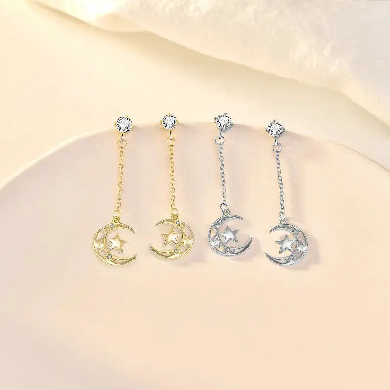 Lovcia Beautiful Hollow CZ Crescent Moon Stars 925 Sterling Silver Dangling Earrings-Earrings-Yellow Gold-Yellow Gold