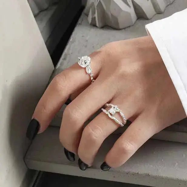 Lovcia Beautiful Hollow Rose Flower 925 Sterling Silver Adjustable Ring-Rings-Silver-Silver