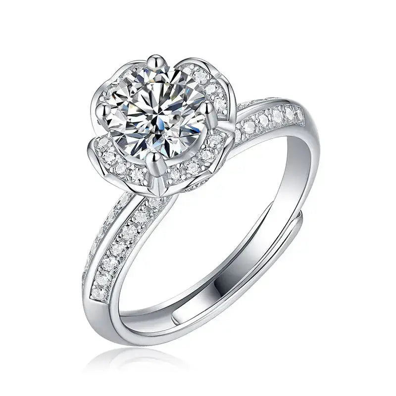 Lovcia Beautiful Moissanite CZ Flower 925 Sterling Silver Adjustable Ring-Rings-1 Carat (Certificate Included)-1 Carat (Certificate Included)