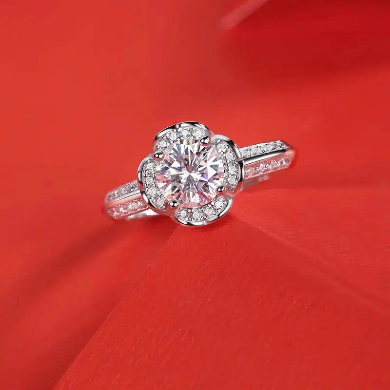 Lovcia Beautiful Moissanite CZ Flower 925 Sterling Silver Adjustable Ring-Rings-1 Carat (Certificate Included)-1 Carat (Certificate Included)