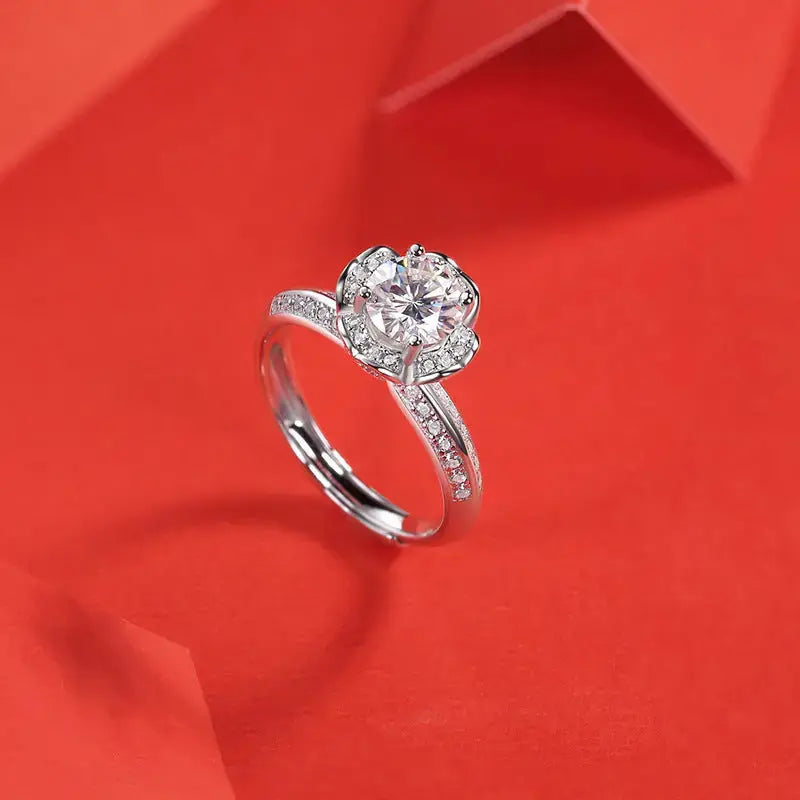 Lovcia Beautiful Moissanite CZ Flower 925 Sterling Silver Adjustable Ring-Rings-1 Carat (Certificate Included)-1 Carat (Certificate Included)
