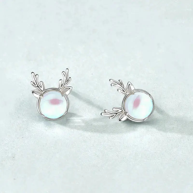 Lovcia Beautiful Natural Moonstone Elk Deer 925 Sterling Silver Stud Earrings-Earrings-Silver-Silver