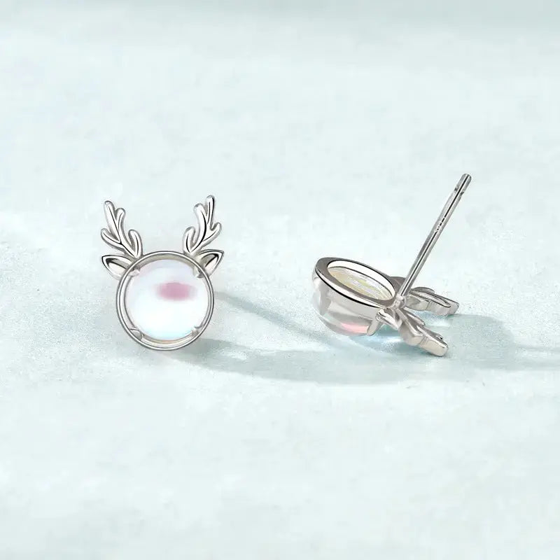 Lovcia Beautiful Natural Moonstone Elk Deer 925 Sterling Silver Stud Earrings-Earrings-Silver-Silver