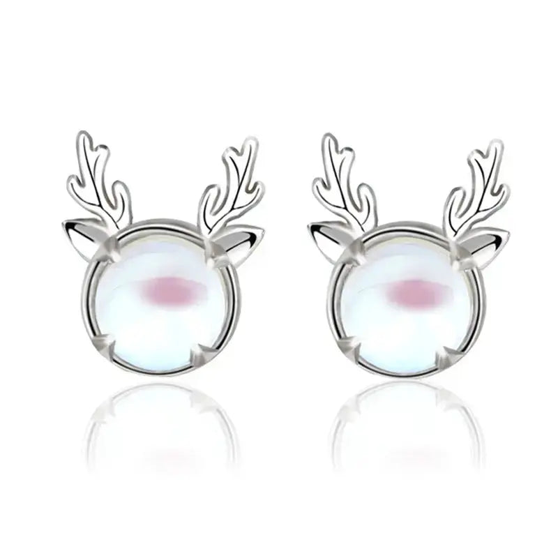 Lovcia Beautiful Natural Moonstone Elk Deer 925 Sterling Silver Stud Earrings-Earrings-Silver-Silver
