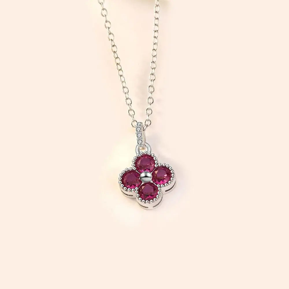 Lovcia Beautiful Pink CZ Four Leaf Clover 925 Sterling Silver Necklace-Necklaces-Silver-Silver