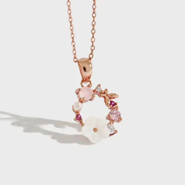 Lovcia Beautiful Pink CZ White Shell Flower Garland 925 Sterling Silver Necklace-Necklaces-Rose Gold-Rose Gold