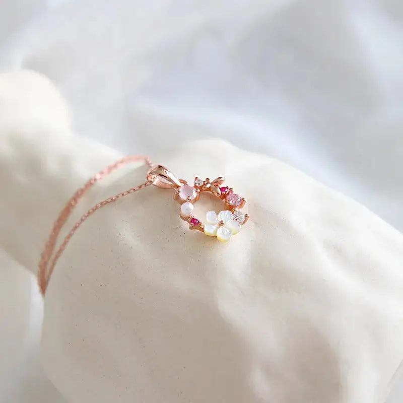 Lovcia Beautiful Pink CZ White Shell Flower Garland 925 Sterling Silver Necklace-Necklaces-Rose Gold-Rose Gold