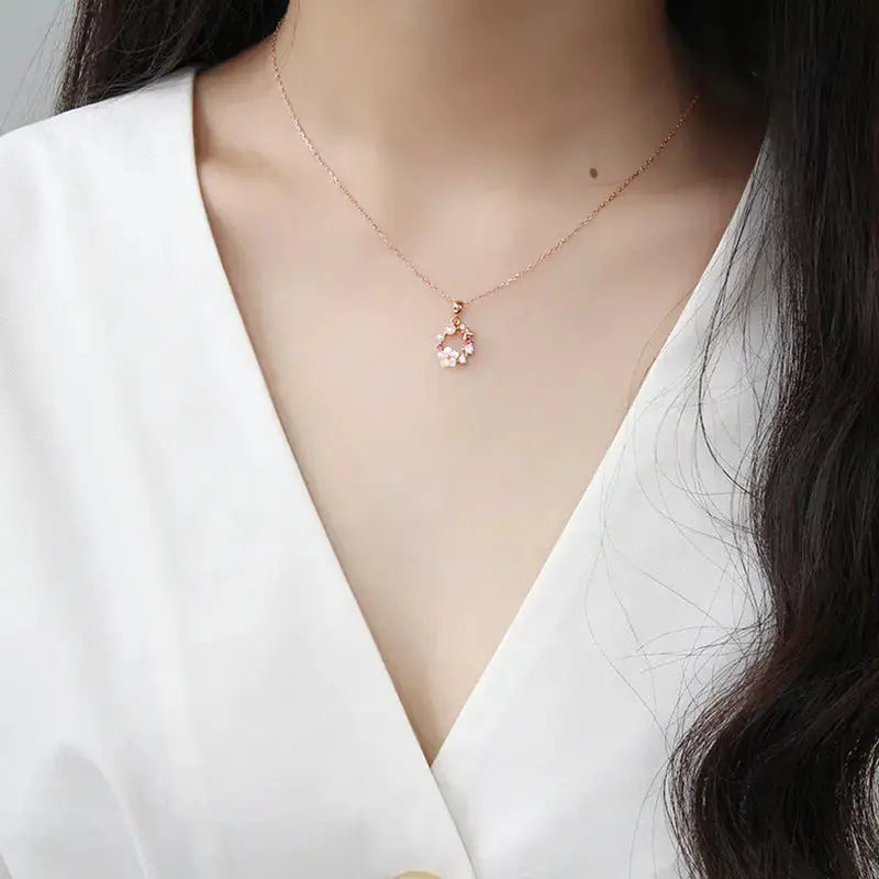 Lovcia Beautiful Pink CZ White Shell Flower Garland 925 Sterling Silver Necklace-Necklaces-Rose Gold-Rose Gold
