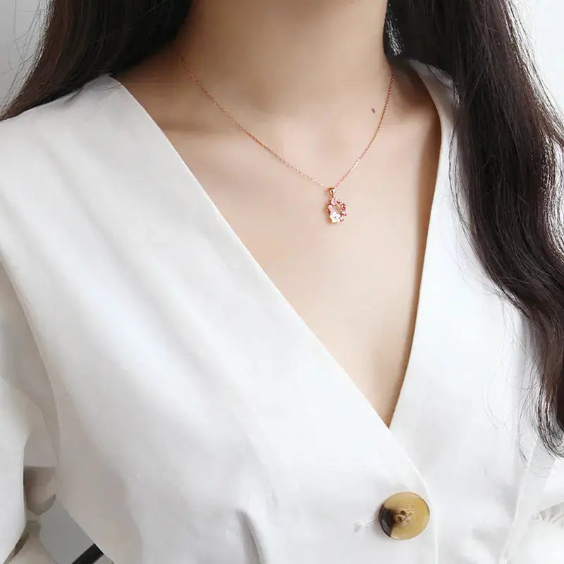 Lovcia Beautiful Pink CZ White Shell Flower Garland 925 Sterling Silver Necklace-Necklaces-Rose Gold-Rose Gold