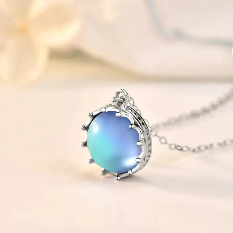 LOVCIA Beautiful Round Natural Moonstone Sea 925 Sterling Silver Necklace