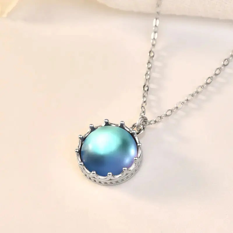 LOVCIA Beautiful Round Natural Moonstone Sea 925 Sterling Silver Necklace