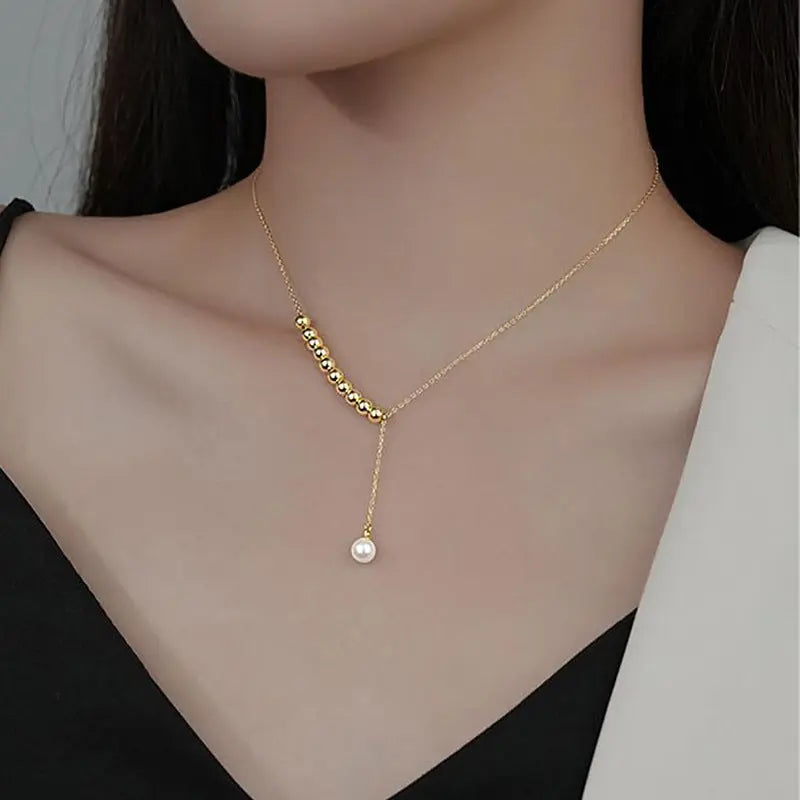 Lovcia Birth Year S925 Silver Female Sliver Beads Pearl Necklace Chain Set for Women-Necklaces-Gold Necklace-Gold Necklace