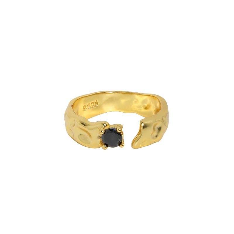 Lovcia Black CZ Irregular Adjustable Ring 925 Silver-Rings-Yellow Gold-Yellow Gold