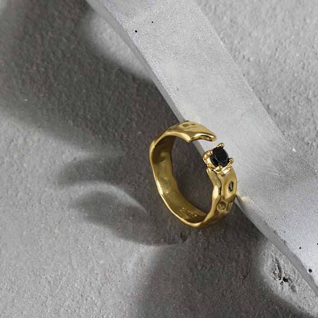 Lovcia Black CZ Irregular Adjustable Ring 925 Silver-Rings-Yellow Gold-Yellow Gold