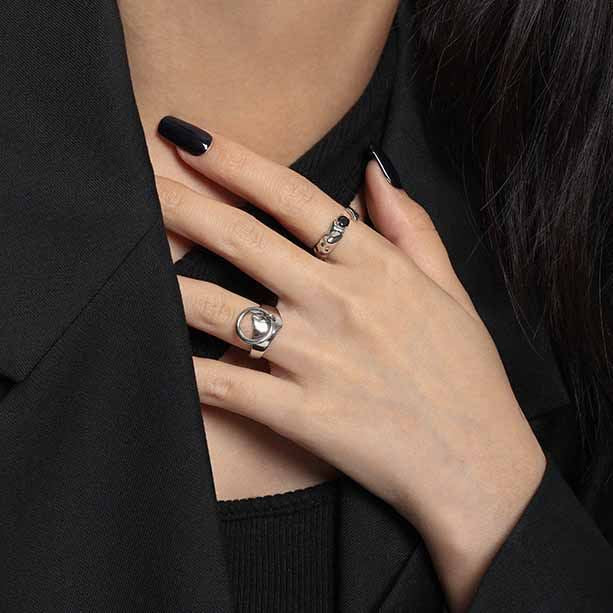 Lovcia Black CZ Irregular Adjustable Ring 925 Silver-Rings-Yellow Gold-Yellow Gold