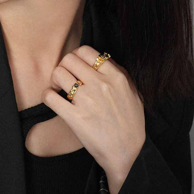 Lovcia Black CZ Irregular Adjustable Ring 925 Silver-Rings-Yellow Gold-Yellow Gold