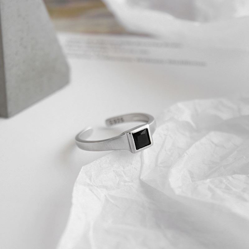 Lovcia Black CZ Square 925 Sterling Silver Adjustable Ring-Rings-
