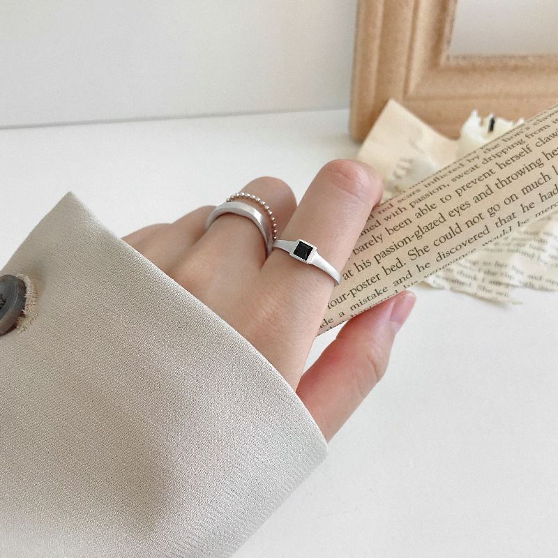 Lovcia Black CZ Square 925 Sterling Silver Adjustable Ring-Rings-