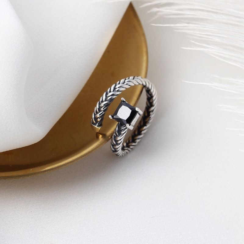 Lovcia Black CZ Twisted Ring 925 Sterling Silver Adjustable-Rings-