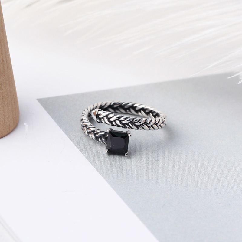 Lovcia Black CZ Twisted Ring 925 Sterling Silver Adjustable-Rings-