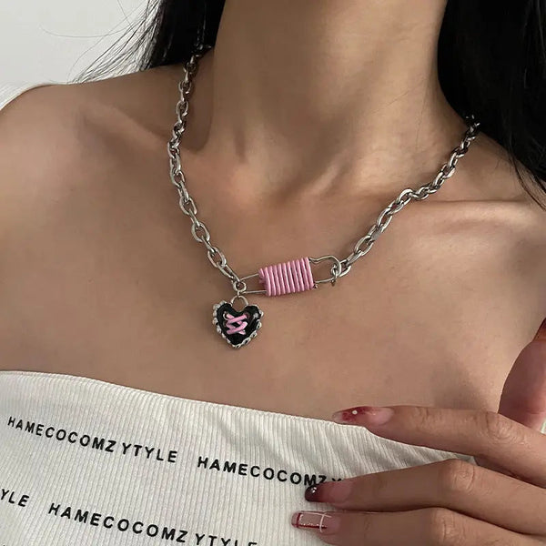 Lovcia Black Heart Multi-part Pin Modern Necklace For Women-Necklaces-Pin Necklace-Pin Necklace