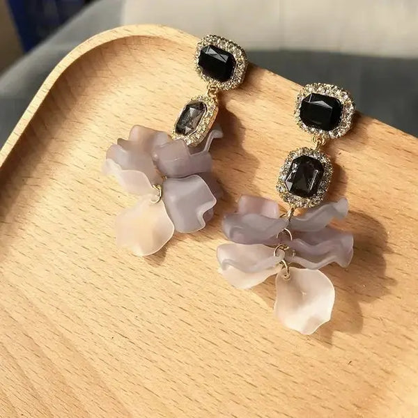 Lovcia Black Rose Petals Crystal Stud Earrings - Frosty Style, 925 Silver Needle Crystal Stud-Earrings-Floral-Floral