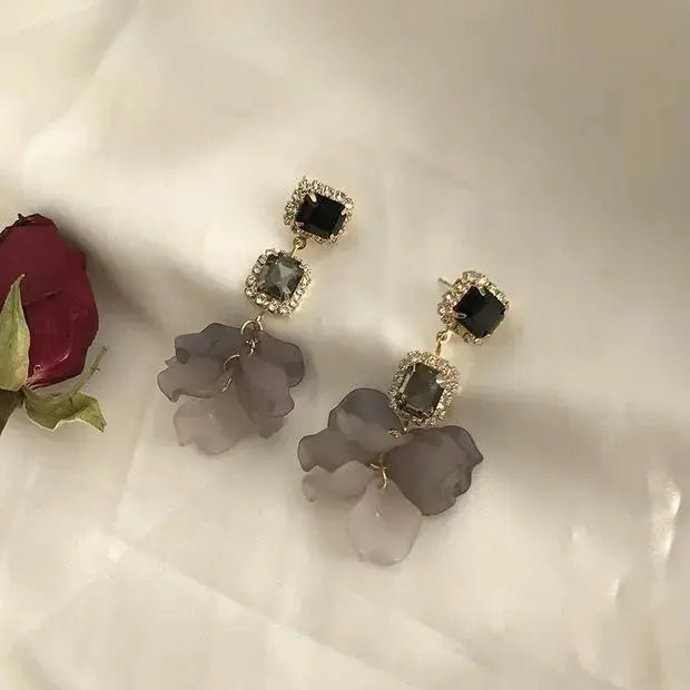 Lovcia Black Rose Petals Crystal Stud Earrings - Frosty Style, 925 Silver Needle Crystal Stud-Earrings-Floral-Floral