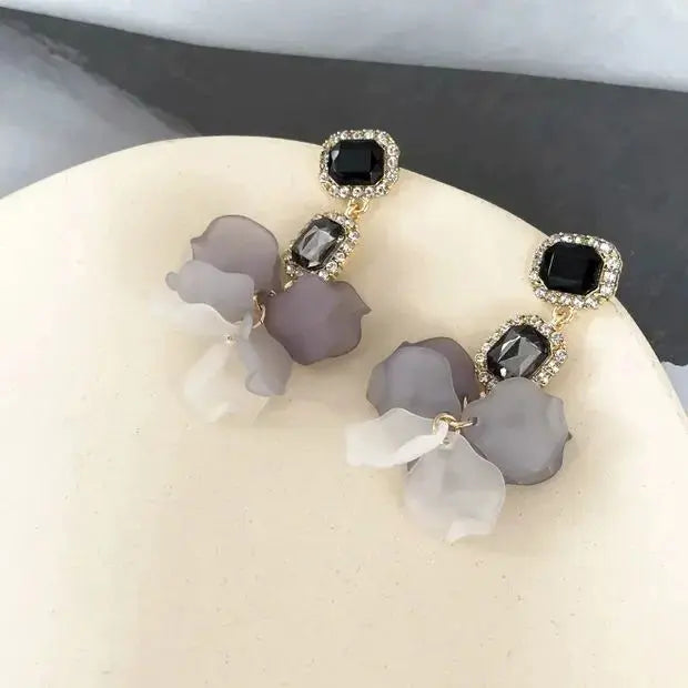 Lovcia Black Rose Petals Crystal Stud Earrings - Frosty Style, 925 Silver Needle Crystal Stud-Earrings-Floral-Floral