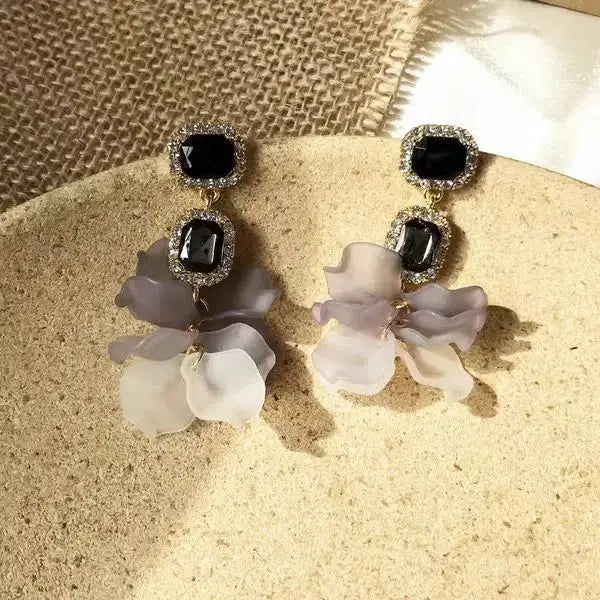 Lovcia Black Rose Petals Crystal Stud Earrings - Frosty Style, 925 Silver Needle Crystal Stud-Earrings-Floral-Floral