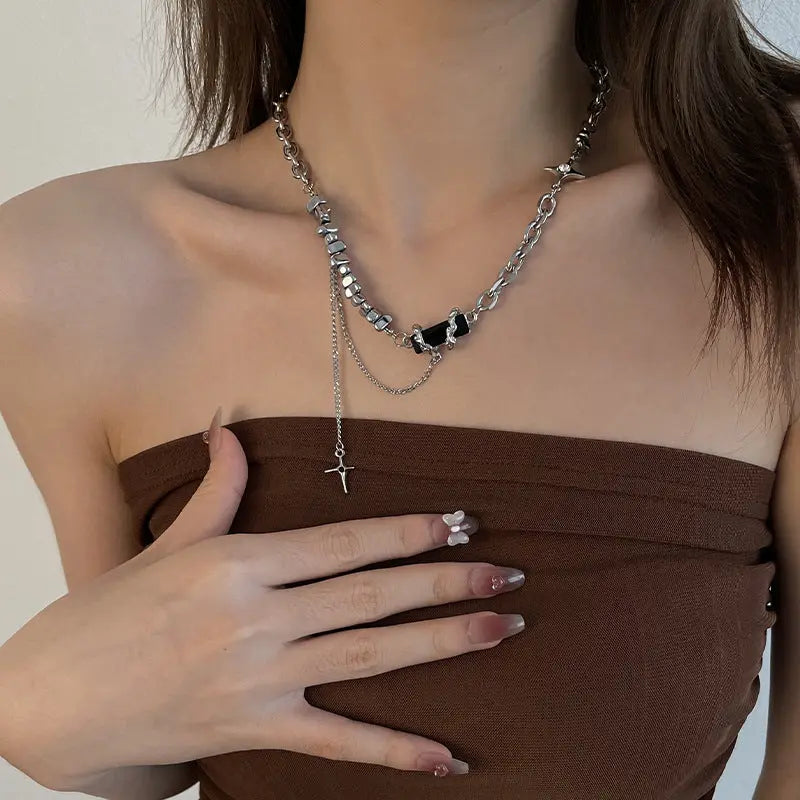 Lovcia Black Square Block Cross Necklace for Women-Necklaces-Black Square-Black Square