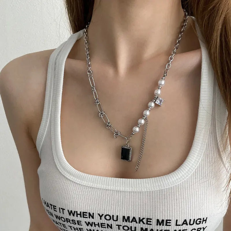 Lovcia Black Square Diamond Pearl Tassel Necklace for Women-Necklaces-Pearl Necklace-Pearl Necklace