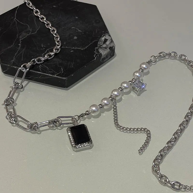 Lovcia Black Square Diamond Pearl Tassel Necklace for Women-Necklaces-Pearl Necklace-Pearl Necklace