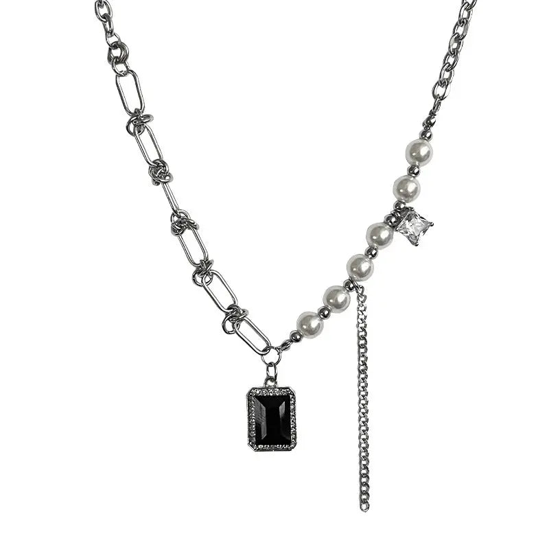 Lovcia Black Square Diamond Pearl Tassel Necklace for Women-Necklaces-Pearl Necklace-Pearl Necklace